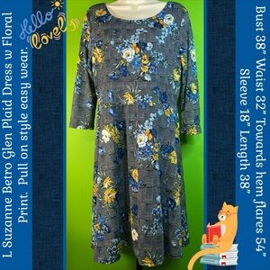 L SUZANNE BETRO GRAY GLEN PLAID W FLORAL FIT & FLARE DRESS LINED BODY